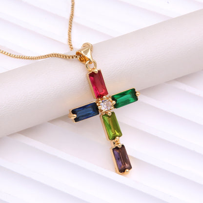 Simple Style Cross Copper Plating Inlay Glass Zircon 18k Gold Plated Pendant Necklace