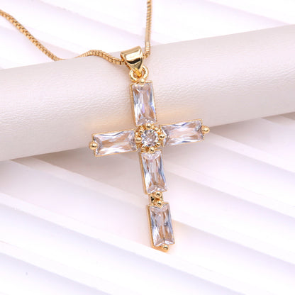 Simple Style Cross Copper Plating Inlay Glass Zircon 18k Gold Plated Pendant Necklace