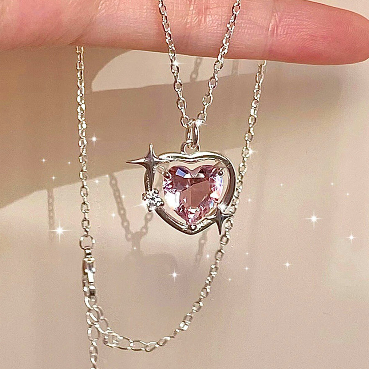 Copper Cute Heart Shape Inlay Zircon Pendant Necklace