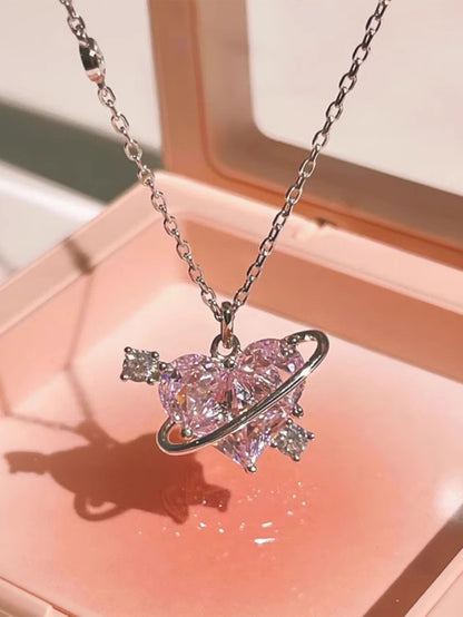 Copper Cute Heart Shape Inlay Zircon Pendant Necklace