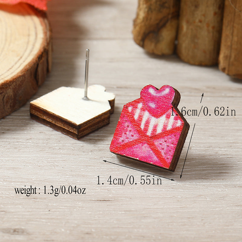 1 Pair Cute Heart Shape Flower Umbrella Painted Plating Wood Silver Plated Ear Studs