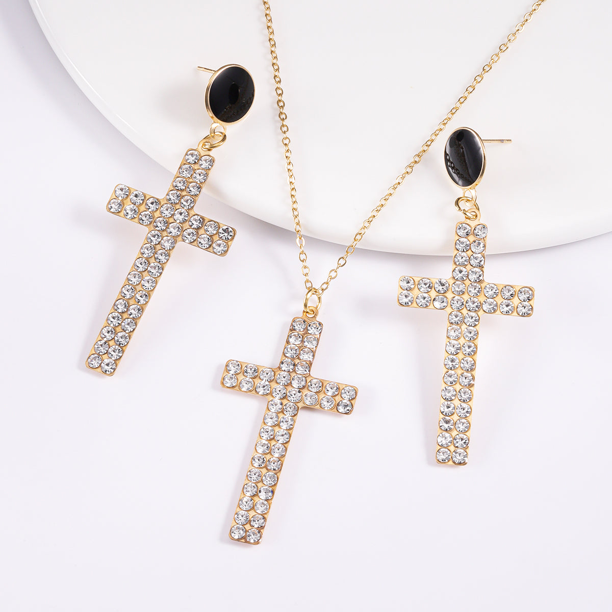 Elegant Retro Simple Style Cross Alloy Polishing Plating Inlay Rhinestones Gold Plated Women's Jewelry Set