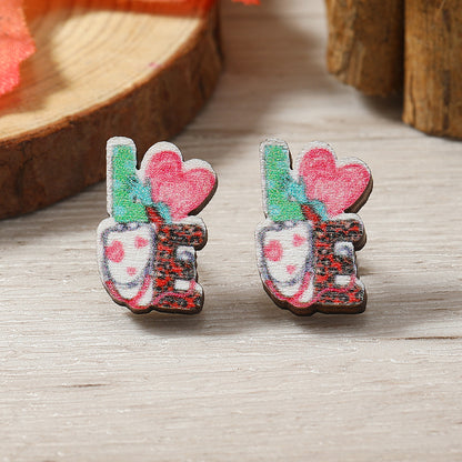 1 Pair Cute Heart Shape Flower Umbrella Painted Plating Wood Silver Plated Ear Studs