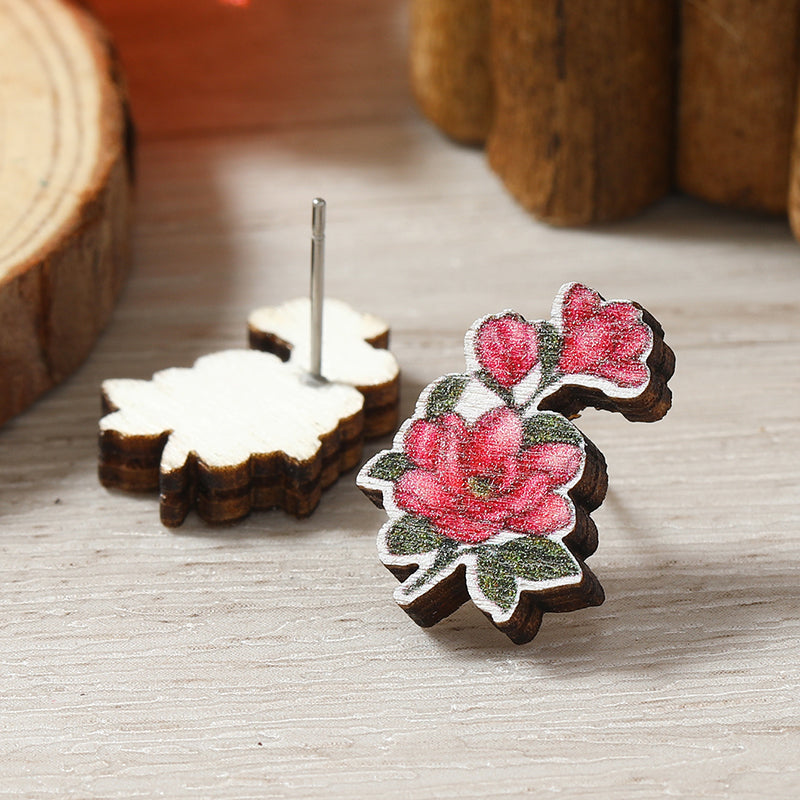 1 Pair Cute Heart Shape Flower Umbrella Painted Plating Wood Silver Plated Ear Studs