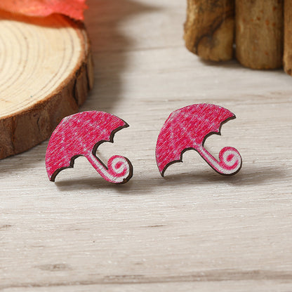 1 Pair Cute Heart Shape Flower Umbrella Painted Plating Wood Silver Plated Ear Studs