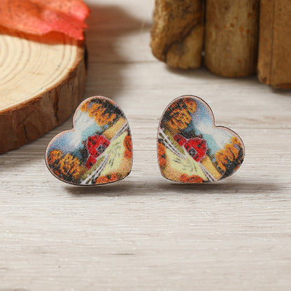 1 Pair Cute Heart Shape Flower Umbrella Painted Plating Wood Silver Plated Ear Studs