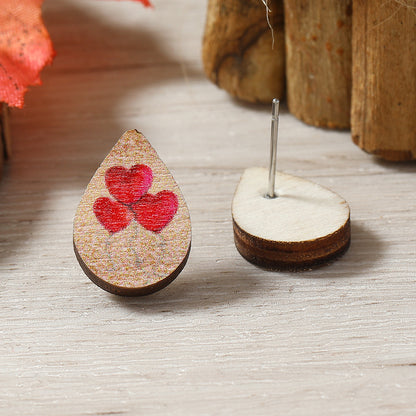 1 Pair Cute Heart Shape Flower Umbrella Painted Plating Wood Silver Plated Ear Studs