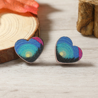 1 Pair Cute Heart Shape Flower Umbrella Painted Plating Wood Silver Plated Ear Studs