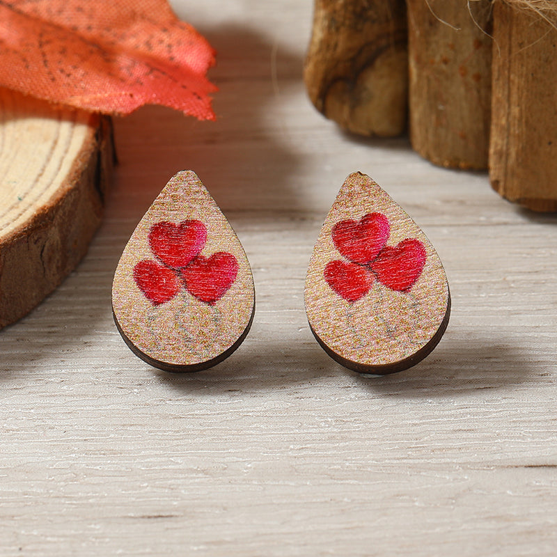 1 Pair Cute Heart Shape Flower Umbrella Painted Plating Wood Silver Plated Ear Studs