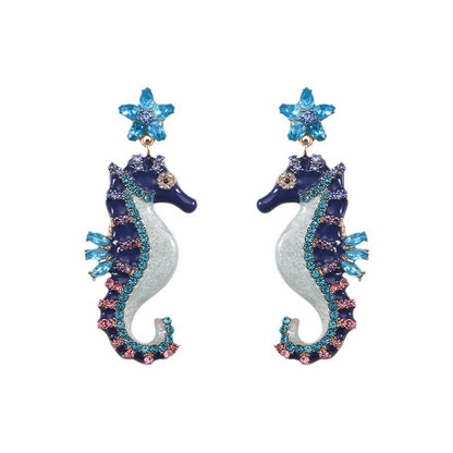 1 Pair Hawaiian Vacation Hippocampus Plating Inlay Alloy Artificial Gemstones Gold Plated Drop Earrings