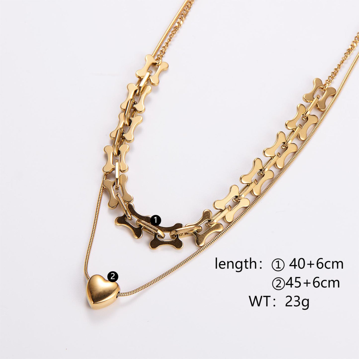 Elegant Heart Shape Stainless Steel 18k Gold Plated Double Layer Necklaces