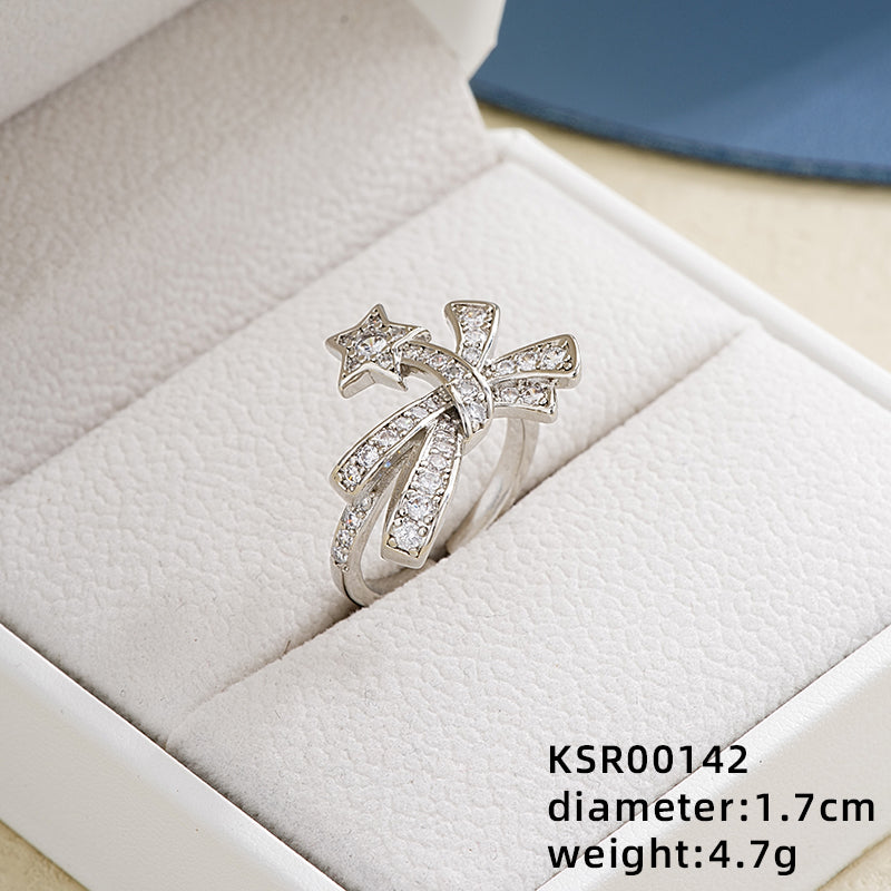 Ig Style Elegant Simple Style Star Butterfly Bow Knot Copper Plating Inlay Zircon White Gold Plated Open Rings