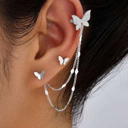 1 Pair Simple Style Commute Heart Shape Butterfly Asymmetrical Chain Inlay Copper Zircon Ear Cuffs Ear Studs