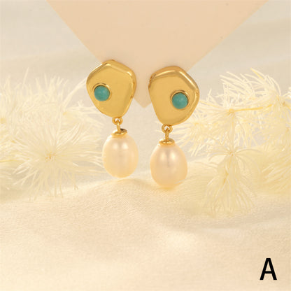 1 Pair Elegant Luxurious Irregular Plating Inlay Freshwater Pearl Copper Turquoise Zircon 18k Gold Plated Drop Earrings