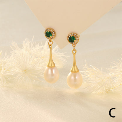 1 Pair Elegant Luxurious Irregular Plating Inlay Freshwater Pearl Copper Turquoise Zircon 18k Gold Plated Drop Earrings