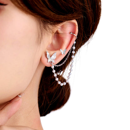 1 Pair Simple Style Commute Heart Shape Butterfly Asymmetrical Chain Inlay Copper Zircon Ear Cuffs Ear Studs