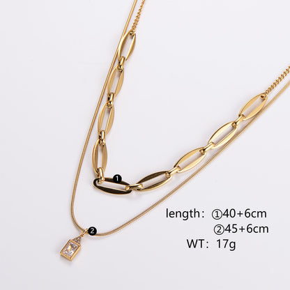 Simple Style Rectangle Stainless Steel Plating Rhinestones 18k Gold Plated Double Layer Necklaces