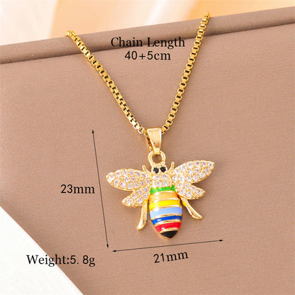 Retro Lady Roman Style Snake Bee Butterfly Stainless Steel Titanium Steel Enamel Plating Inlay Zircon 18k Gold Plated Pendant Necklace