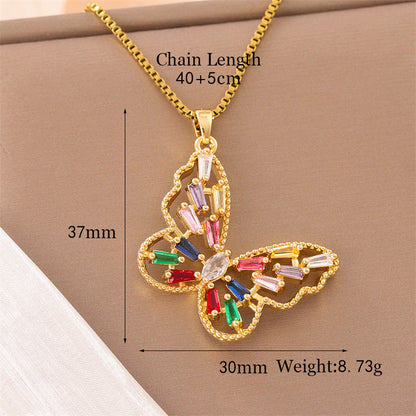 Retro Lady Roman Style Snake Bee Butterfly Stainless Steel Titanium Steel Enamel Plating Inlay Zircon 18k Gold Plated Pendant Necklace