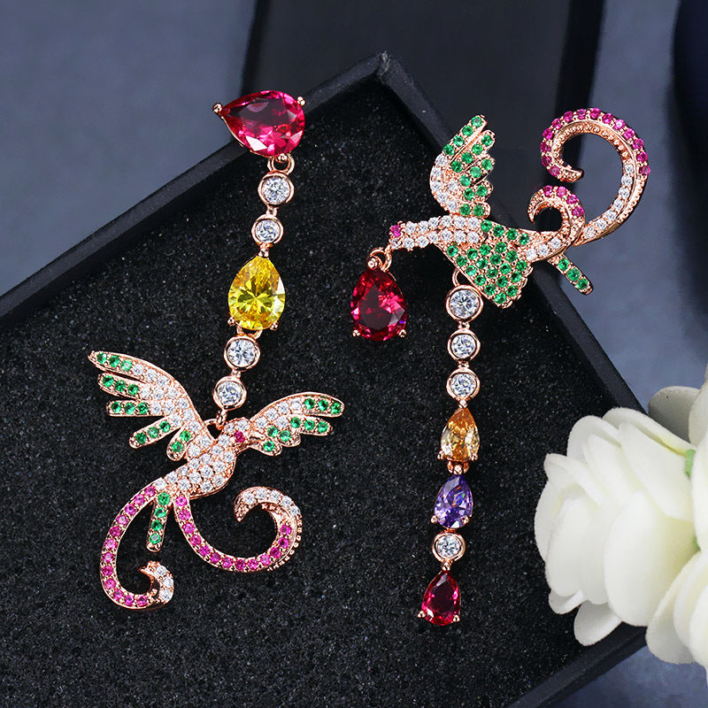 1 Pair Shiny Phoenix Water Droplets Tassel Asymmetrical Plating Inlay Copper Zircon Rhodium Plated Silver Plated Drop Earrings