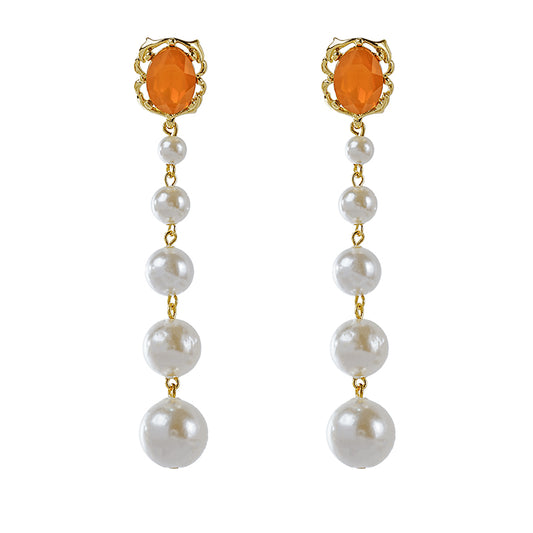 1 Pair Glam Sweet Oval Beaded Plating Inlay Alloy Glass Stone 18k Gold Plated Drop Earrings