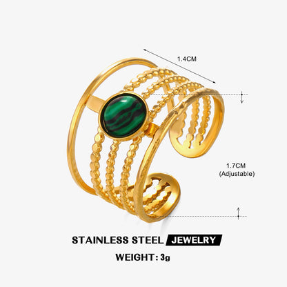 Ig Style Lines Stainless Steel Plating Inlay Natural Stone Turquoise 18k Gold Plated Adjustable Ring