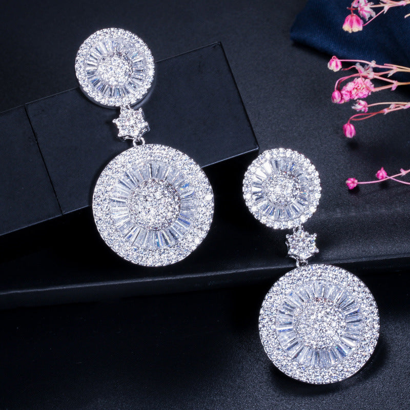 1 Pair Lady Round Snowflake Plating Inlay Copper Zircon Rhodium Plated Silver Plated Drop Earrings