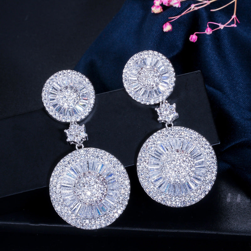 1 Pair Lady Round Snowflake Plating Inlay Copper Zircon Rhodium Plated Silver Plated Drop Earrings