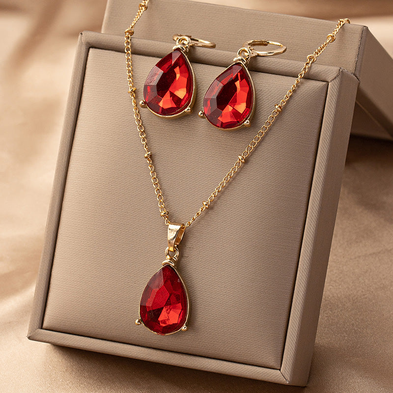 Elegant Retro Water Droplets Alloy Inlay Gem Women's Earrings Necklace