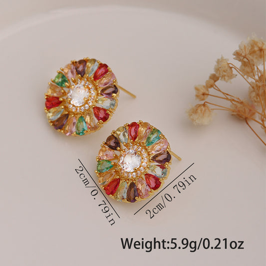 1 Pair Ig Style Bohemian Shiny Round Plating Hollow Out Inlay Copper Artificial Gemstones Zircon 18k Gold Plated Ear Studs