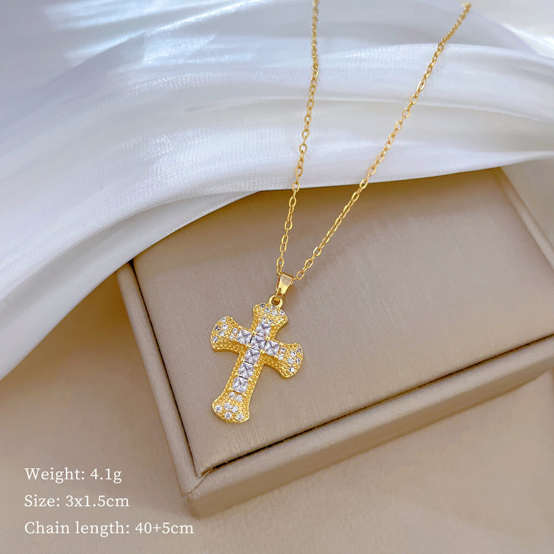 Simple Style Commute Cross Titanium Steel Copper Inlay Artificial Gemstones Pendant Necklace