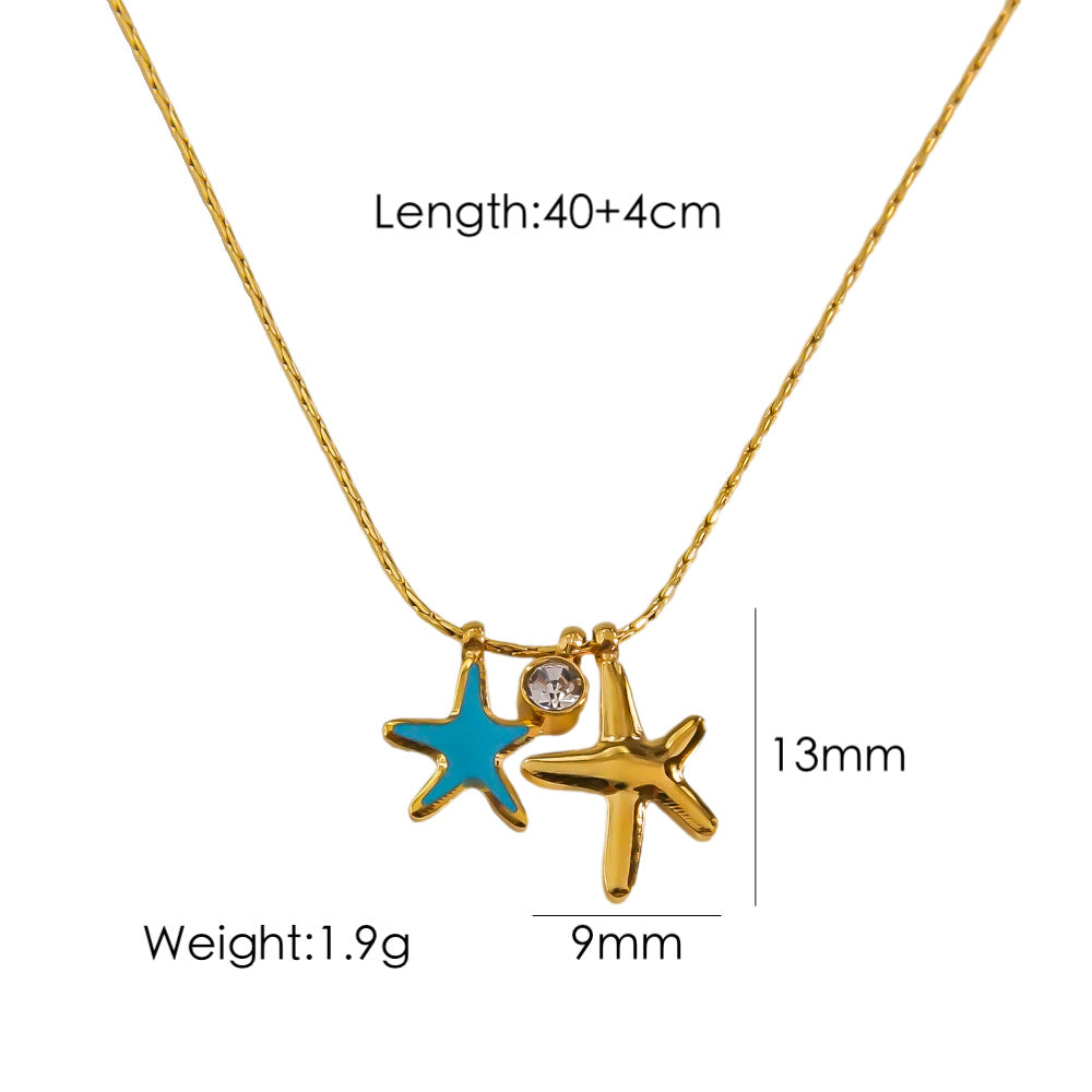 Simple Style Starfish Stainless Steel Titanium Steel Enamel Inlay Zircon Pendant Necklace