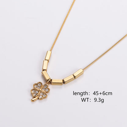 Simple Style Four Leaf Clover Maple Leaf Water Droplets Stainless Steel Plating Inlay Rhinestones Opal 18k Gold Plated Pendant Necklace