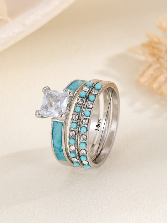 Ig Style Shiny Square Alloy Inlay Turquoise Zircon Women's Rings