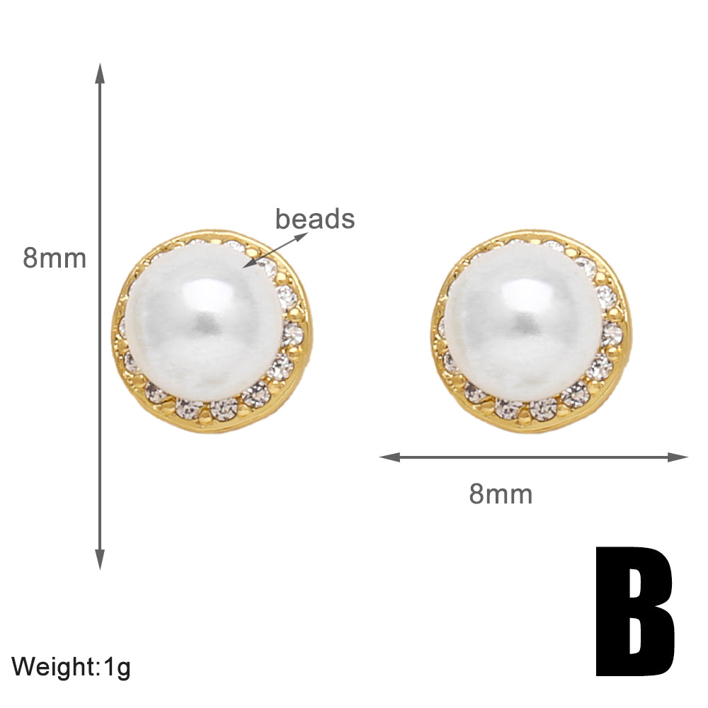 1 Pair Modern Style Simple Style Round Moon Plating Inlay Copper Artificial Pearls Zircon 18k Gold Plated Ear Studs