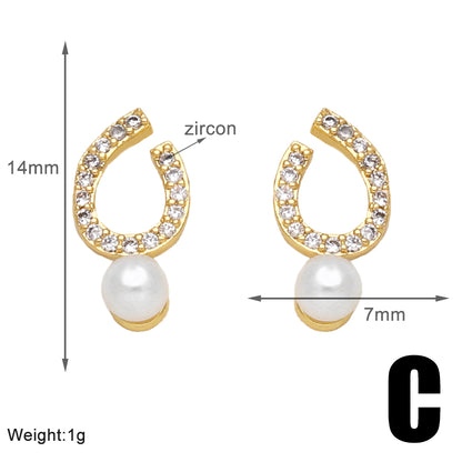 1 Pair Modern Style Simple Style Round Moon Plating Inlay Copper Artificial Pearls Zircon 18k Gold Plated Ear Studs