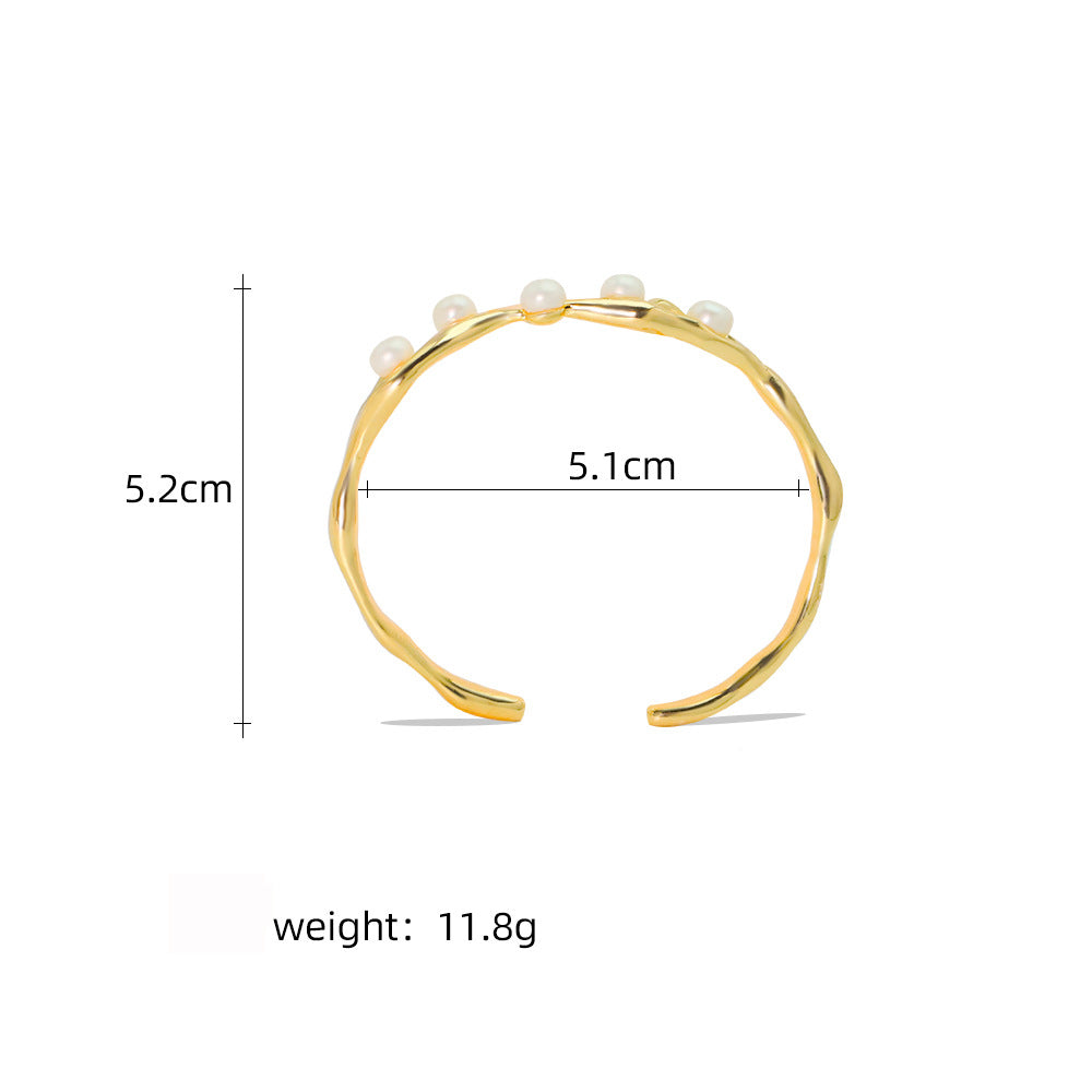 Simple Style Solid Color Copper Plating Inlay Freshwater Pearl 18k Gold Plated Bangle