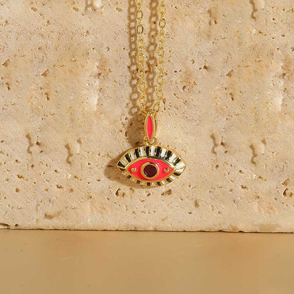 Retro Classic Style Devil's Eye Copper Enamel Plating Inlay Zircon 14k Gold Plated Pendant Necklace