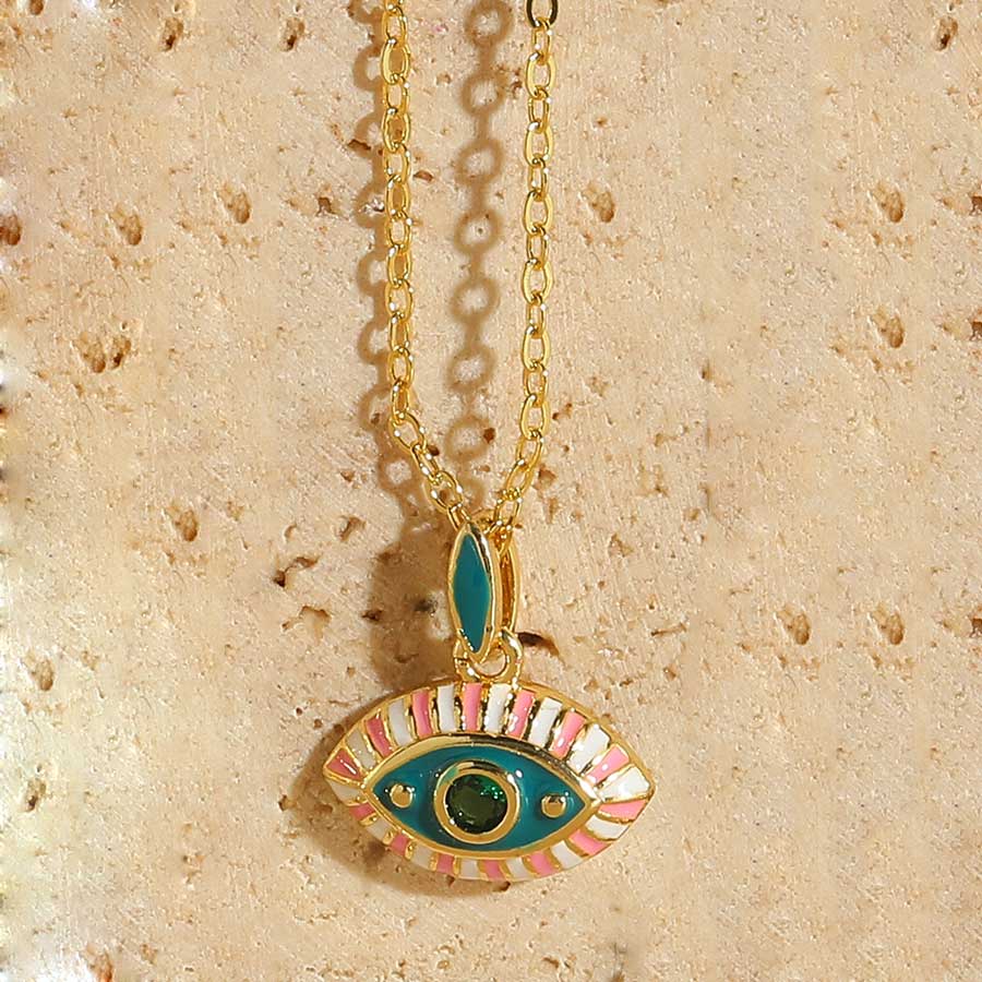 Retro Classic Style Devil's Eye Copper Enamel Plating Inlay Zircon 14k Gold Plated Pendant Necklace