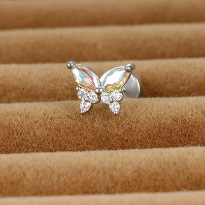 1 Piece Sweet Shiny Heart Shape Flower Butterfly Plating Inlay Stainless Steel Glass Pearl Zircon Cartilage Earrings