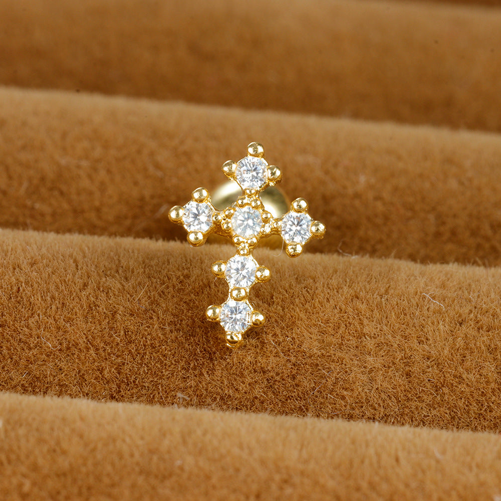 1 Piece Shiny Cross Plating Inlay Stainless Steel Zircon Ear Studs