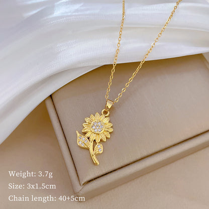 Sweet Simple Style Sunflower Titanium Steel Copper Plating Inlay Artificial Gemstones Pendant Necklace
