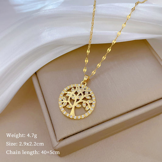 Simple Style Tree Titanium Steel Copper Plating Inlay Artificial Gemstones Pendant Necklace
