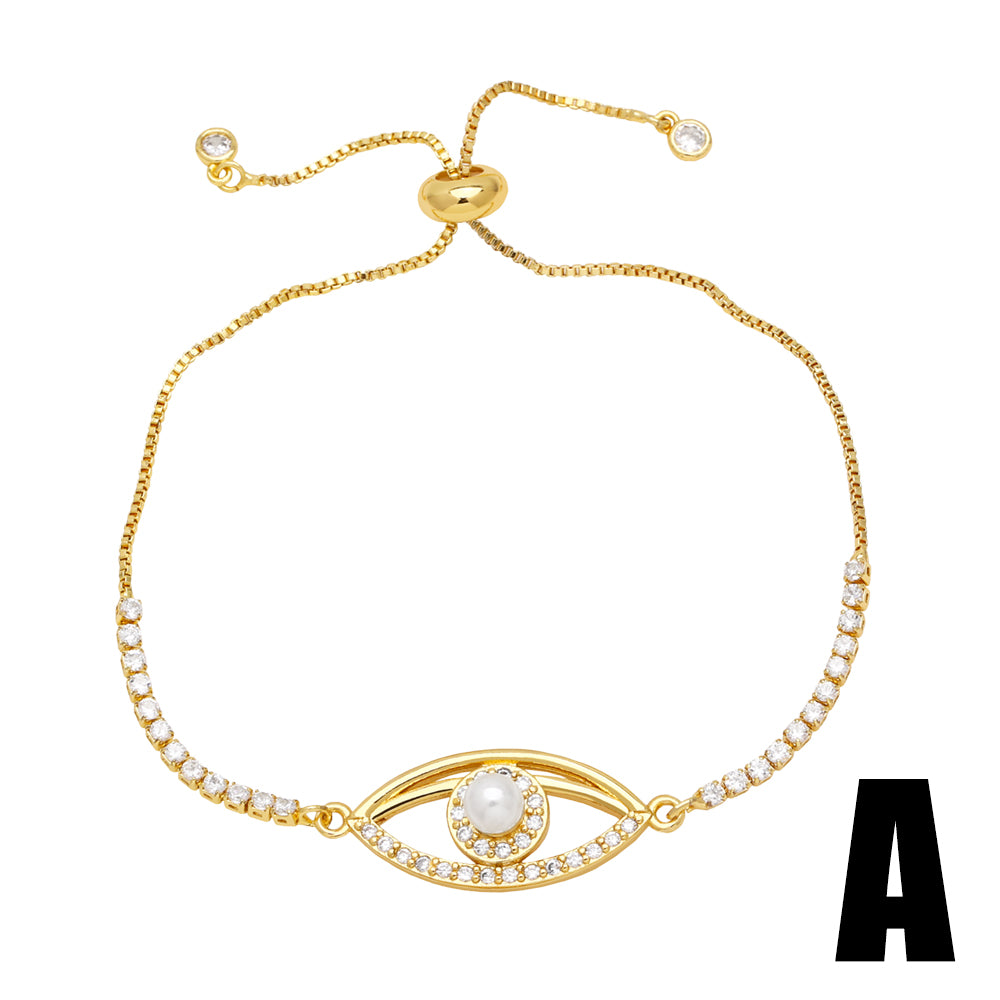 Simple Style Heart Shape Eye Copper Plating Inlay Artificial Pearls Zircon 18k Gold Plated Bracelets