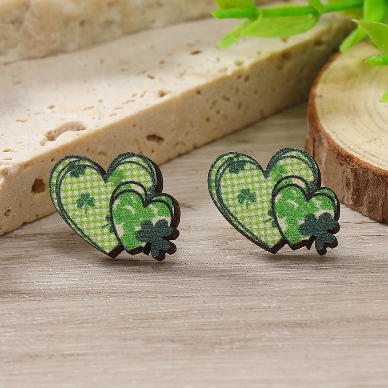 1 Pair Cute Shamrock Animal Painted Wood Silver Plated Ear Studs