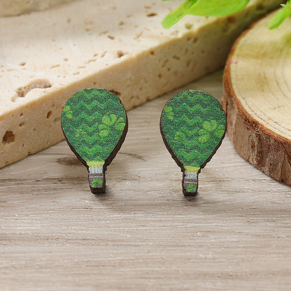 1 Pair Cute Shamrock Animal Painted Wood Silver Plated Ear Studs