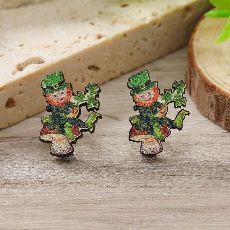 1 Pair Cute Shamrock Animal Painted Wood Silver Plated Ear Studs