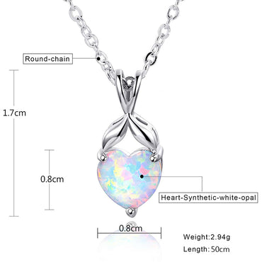 Copper White Gold Plated Elegant French Style Heart Shape Inlay Opal Pendant Necklace