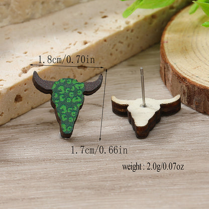 1 Pair Cute Shamrock Animal Painted Wood Silver Plated Ear Studs