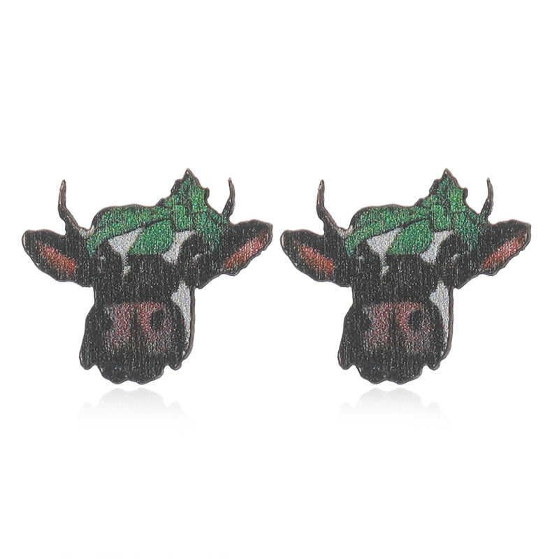 1 Pair Cute Shamrock Animal Painted Wood Silver Plated Ear Studs